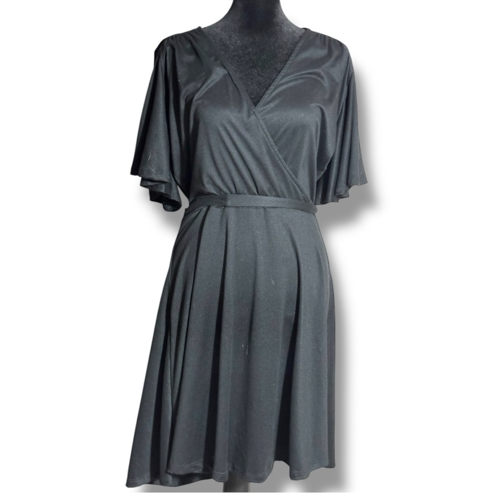 Velvet Torch Black Short Flutter Bell Sleeve Wrap Style V-Neck Midi Dress - Picture 1 of 16